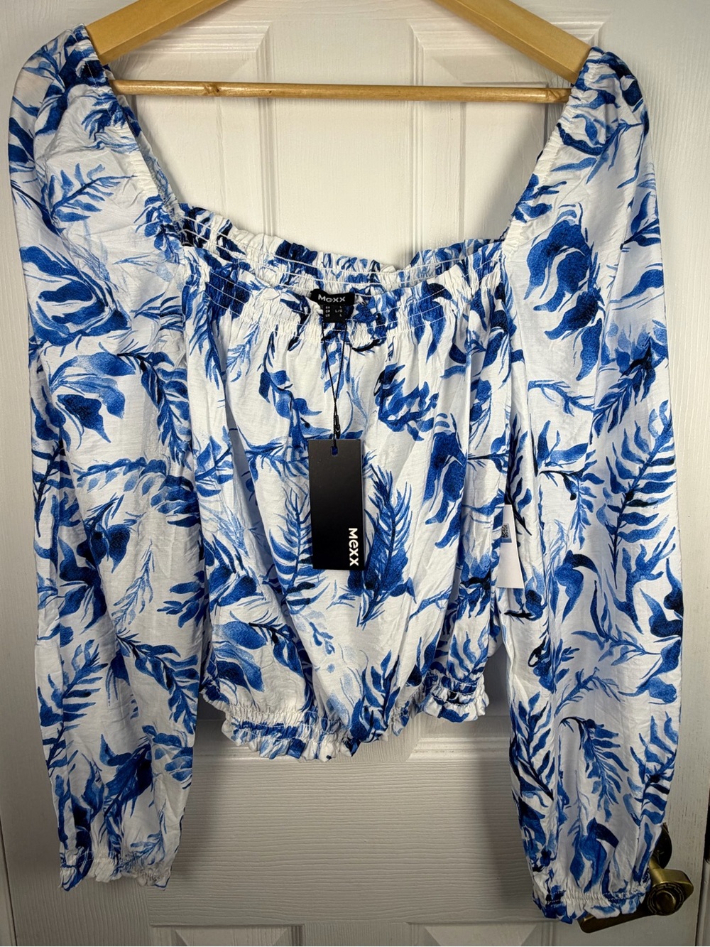 Mexx Blue White Botanical Floral Blouse Women's L Off Shoulder Puff Sleeve NWT